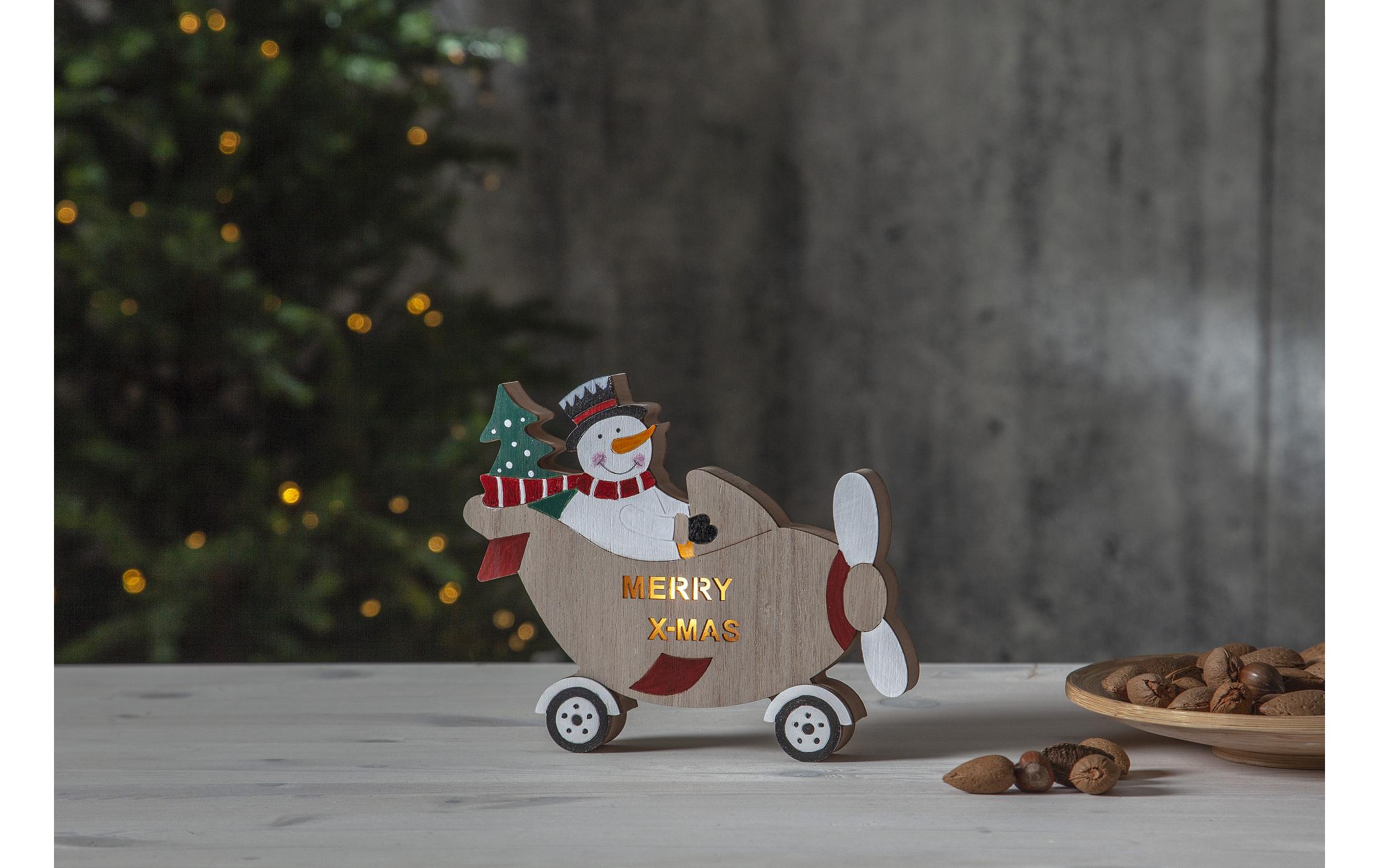 Tisch Dekoration Billy, Nature, WarmweissTischdekoration mit Schneemann und Flugzeug aus Holz