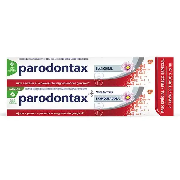 Pasta de dentes branqueadora Parodontax, embalagem com 2 unidades de 75ml