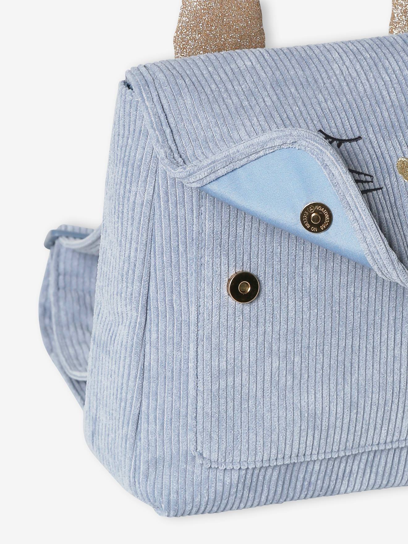 Mochila infantil de veludo cotelê azul-acinzentado para pré-escola 