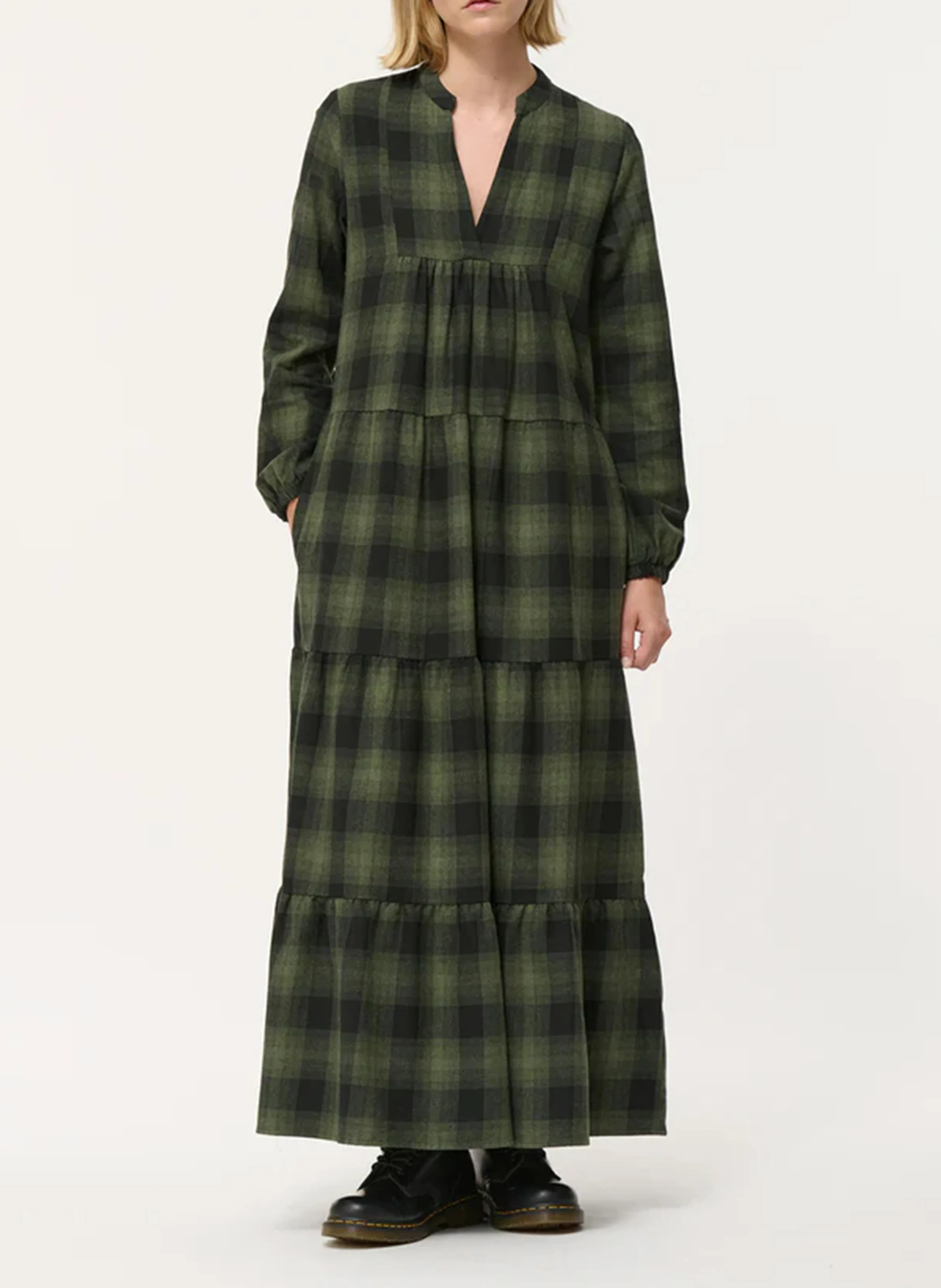 Robe longue col tunisien en coton mélangé à carreaux | Vert