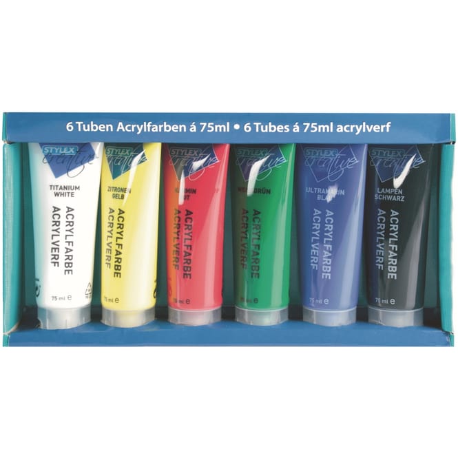 6er Set Acrylfarben, Weiß-gelb-rot-grün-blau-schwarz
