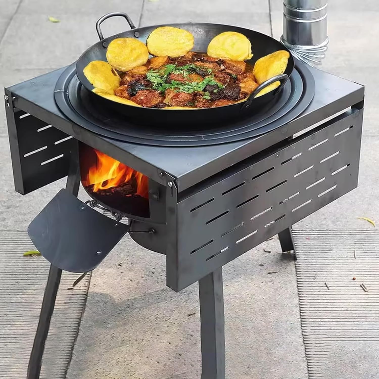 Holzofen Klein Gartenhütte Material Stahlblech Inklusive Grillrost Werkstattofen Holz und Kohle Schmal Klappbare Tischplatte Geeignet Zum Wasserkochen und Kochen(43 * 45cm)