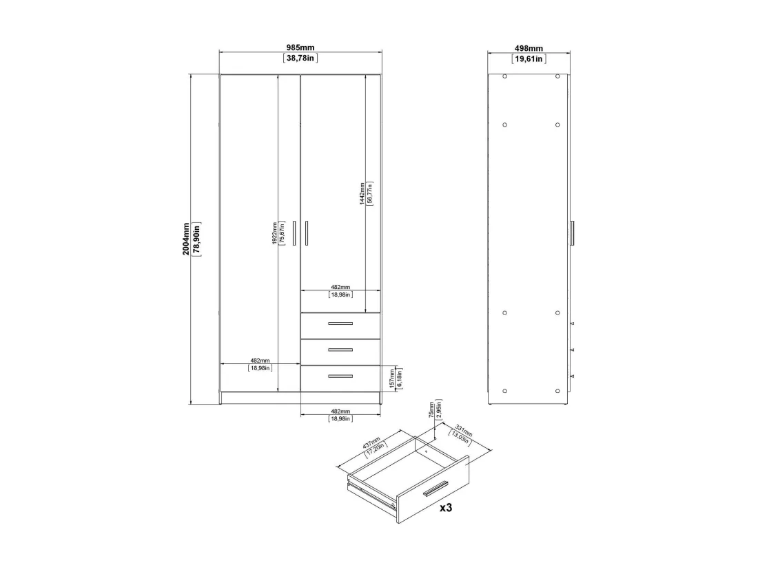 Garde-robe 2 portes Dscopon, Meubles de chambre, Penderie de plain-pied, Placard à vêtements, 99x50 h200 cm, Gris