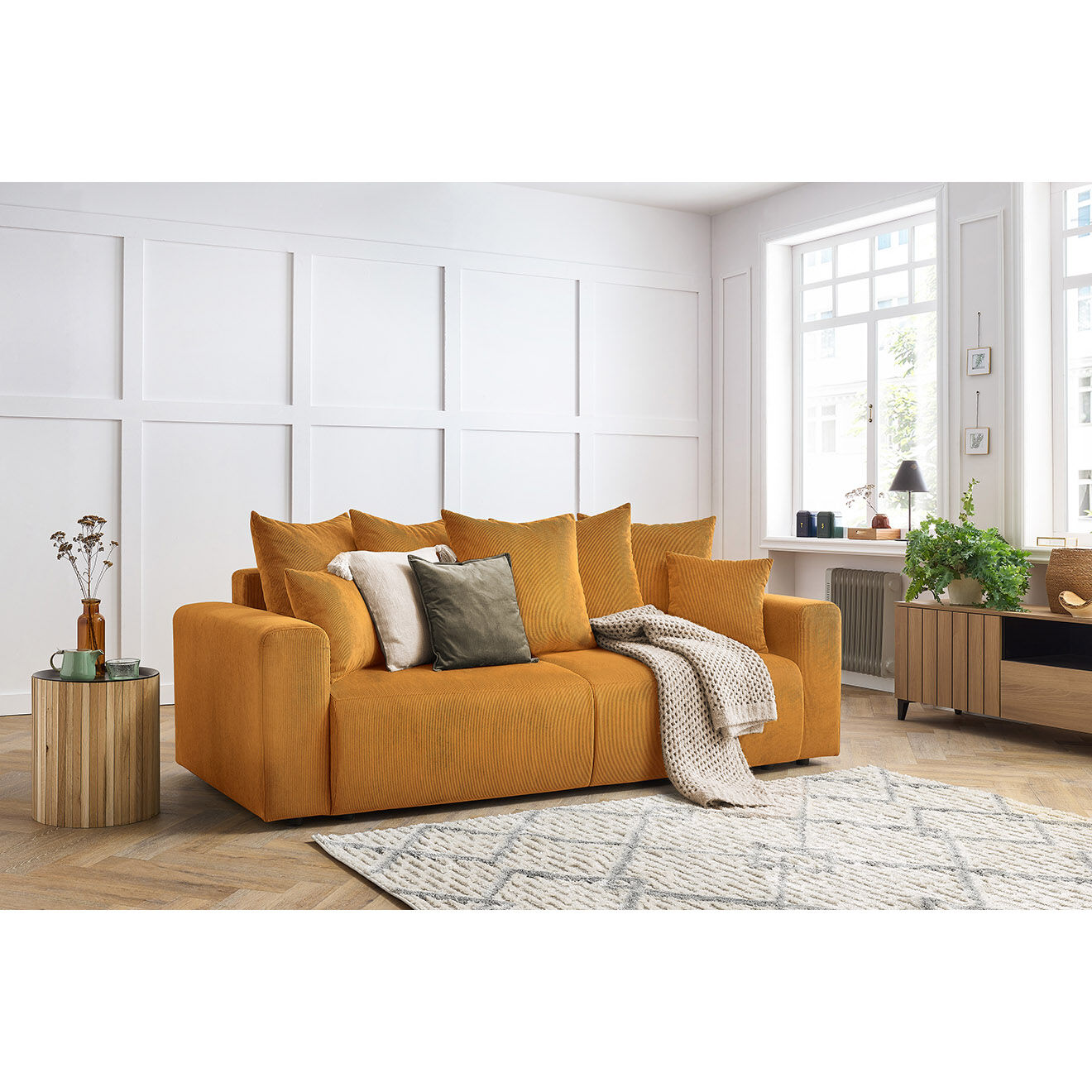 Bobochic Canapé droit fixe 3 places envy velours côtelé jaune - 240x100x95 cm