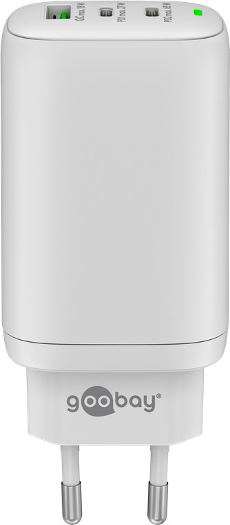 (65W/3A) USB A / 2x USB C GaN Ladegerät Netzteil Power Delivery / Quick Charge (65408) - Weiss