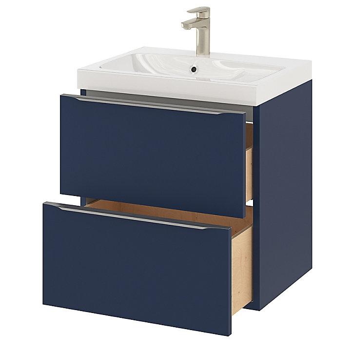 Ensemble salle de bains l.60 cm meuble à suspendre Imandra bleu nuit mat + plan vasque résine blanc