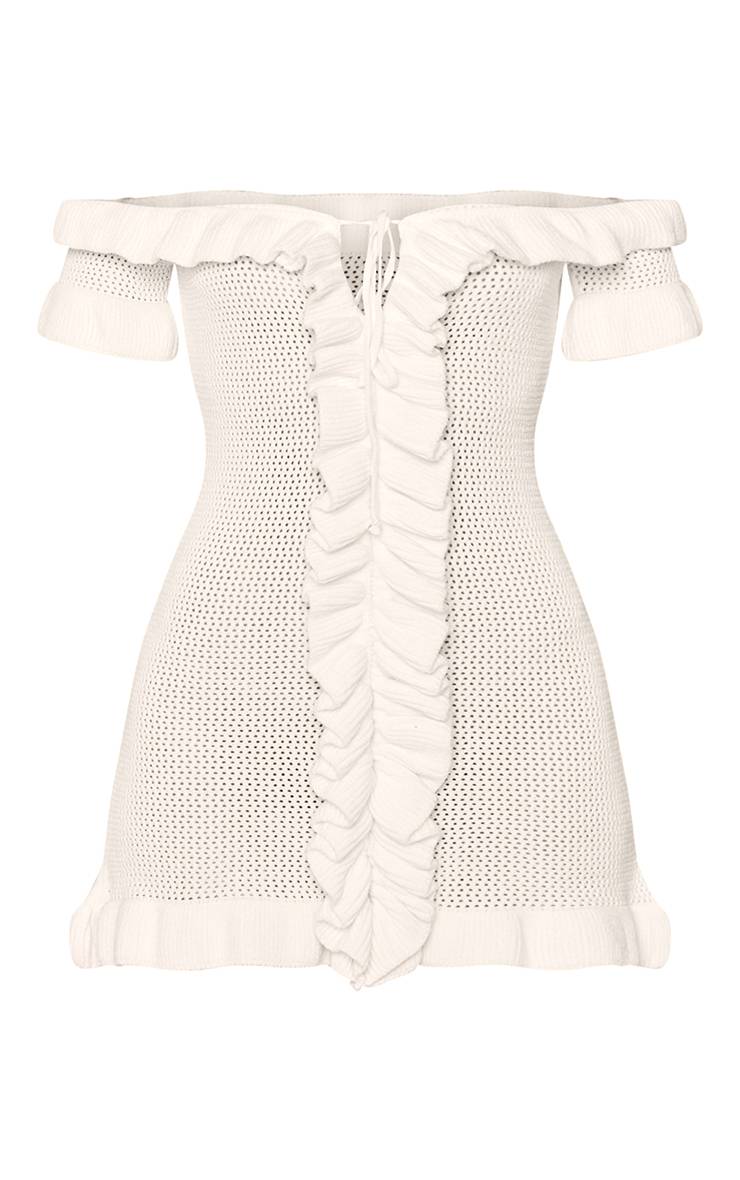 Crème Robe Mini Tricotée À Volants Avec Encolure Bardot