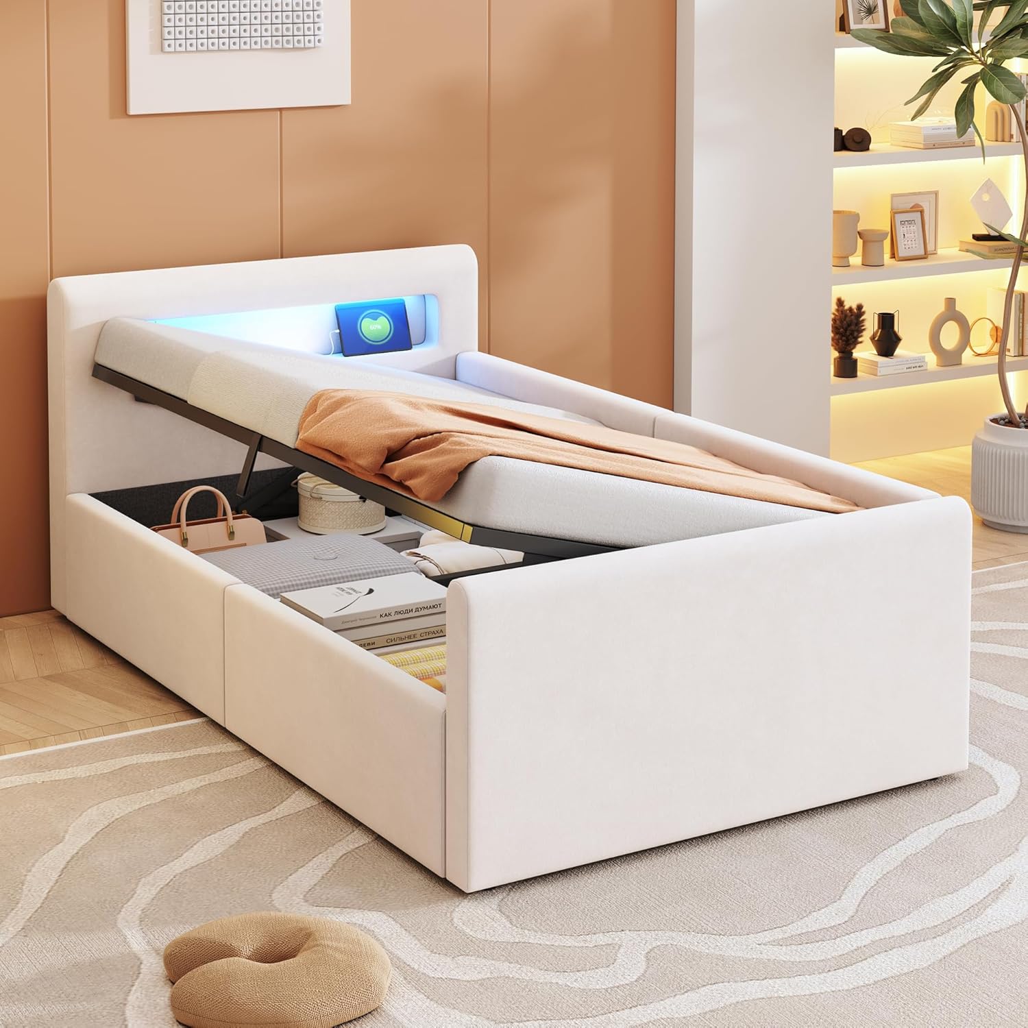 Polsterbett Kinderbett 90x200 cm mit USB Anschluss und LED Licht, Hydraulisches Bett mit Stauraum und Kopfteil, Einzelbett Bettgestell mit Lattenrost, Samt, Beige, Ohne Matratze