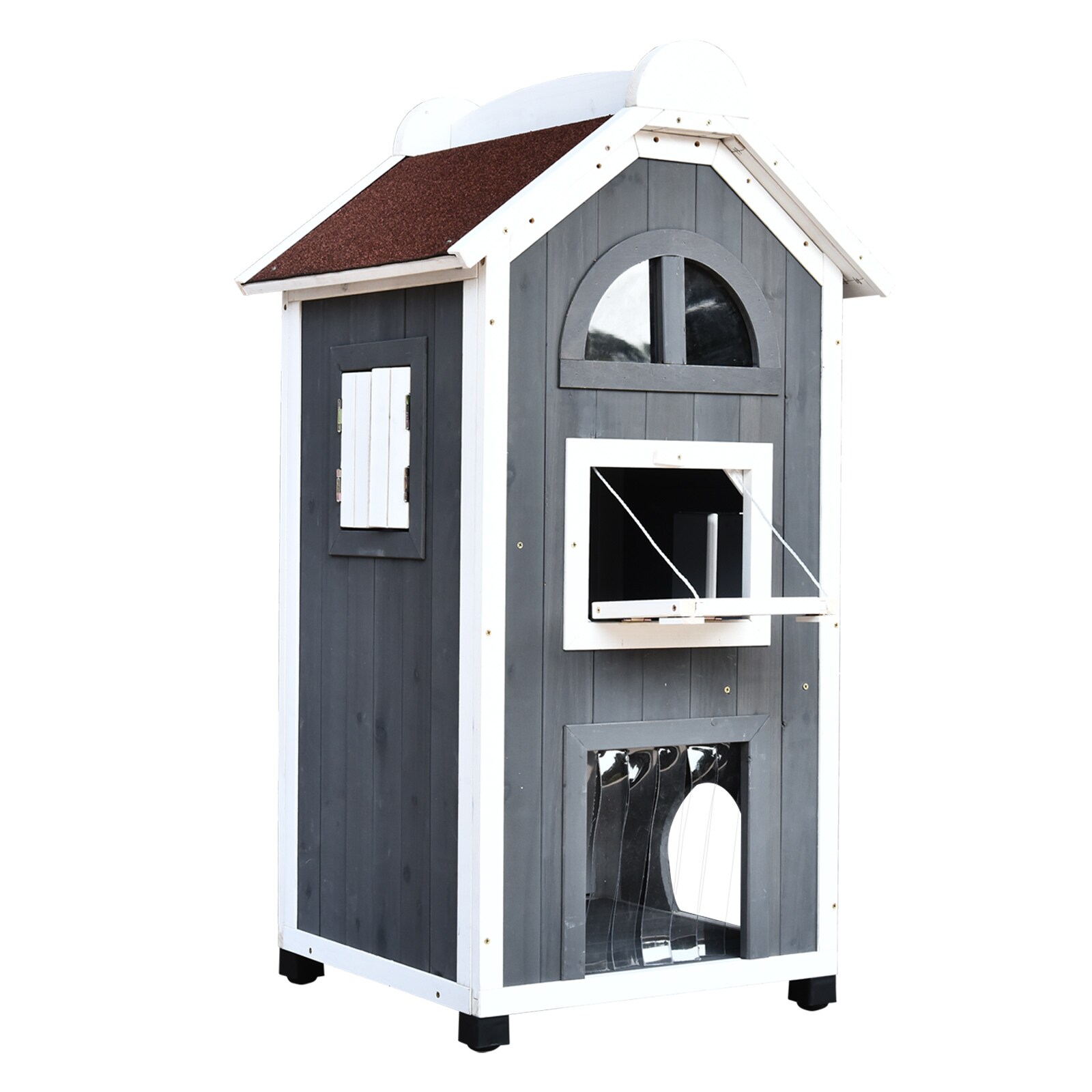 PawHut Katzenvilla mit Asphaltdach grau, weiß 59 x 55 x 109 cm (LxBxH)