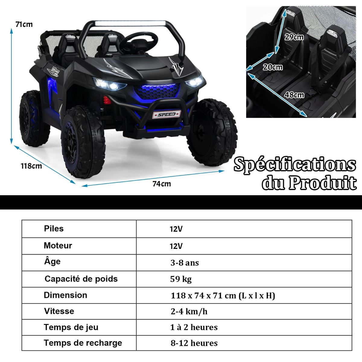Voiture électrique Enfant 12 V Télécommande pour 3-8 Ans 2 Vitesses Ressort de Suspension Charge 59KG 118x74x71CM Noir/Rose/Rouge - Lidl-Manfred