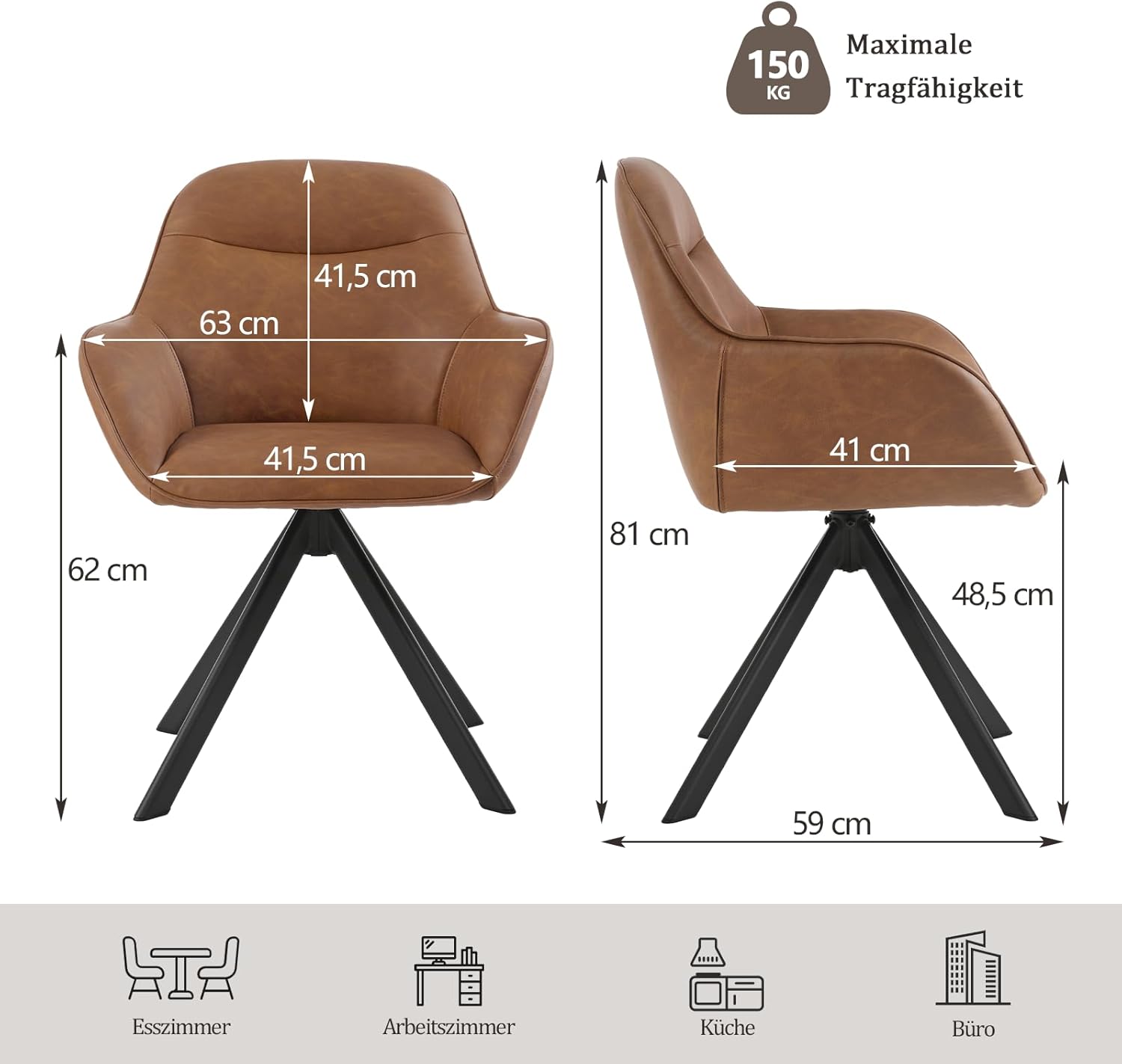 Armlehnenstuhl drehbar Kunstleder Braun 6er Set Esszimmerstühle Drehstühle Esszimmer Polsterstuhl Küchenstuhl mit Armlehne für Esszimmer Wohnzimmer