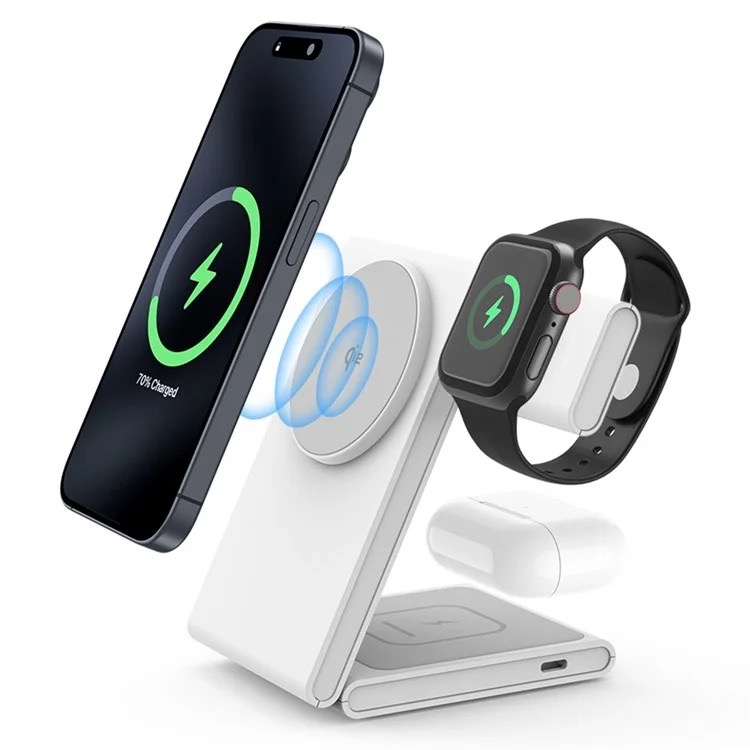 (15W) 3in1 MagSafe Ladegerät Qi2 Wireless Charger Faltbarer Ladeständer für Apple Watch / Smartphone / AirPods - Weiss
