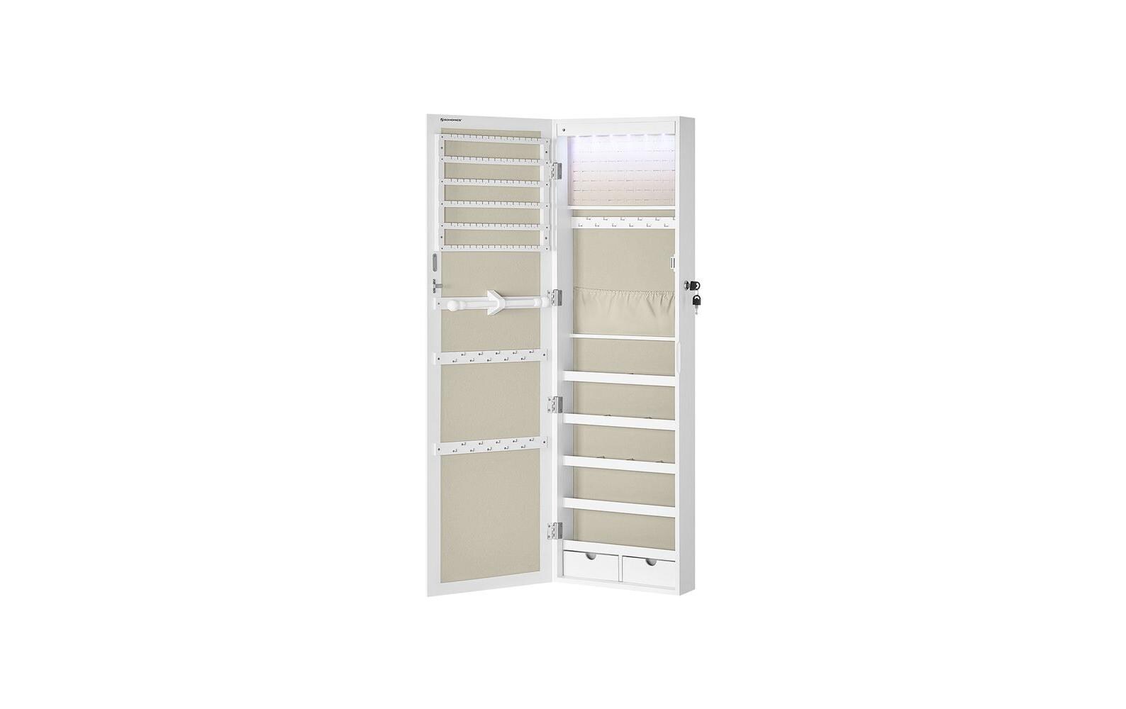 Schmuckhalter mit Spiegel 10 x 120 cm, Weiss<br>Schmuckschrank