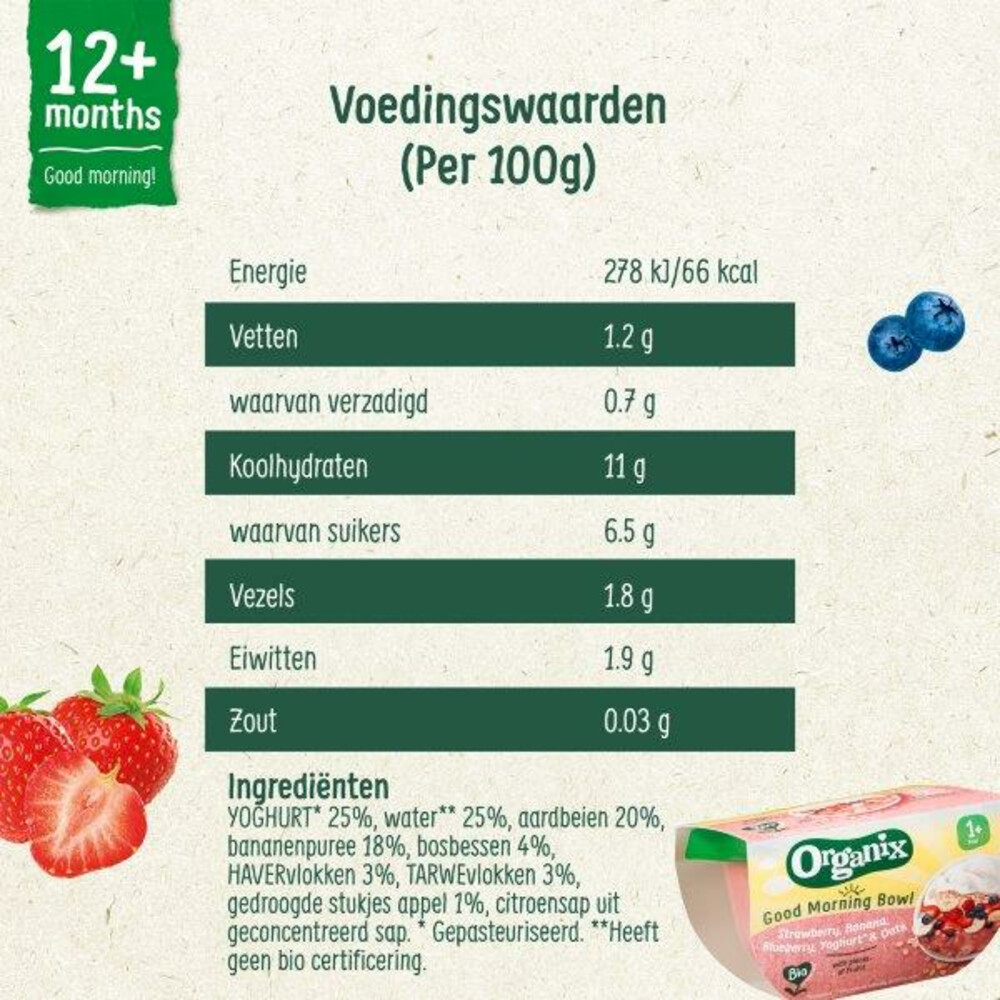 6x Organix Good Morning Bowl Aardbei, Banaan, Blauwe Bes 12+m120 gr