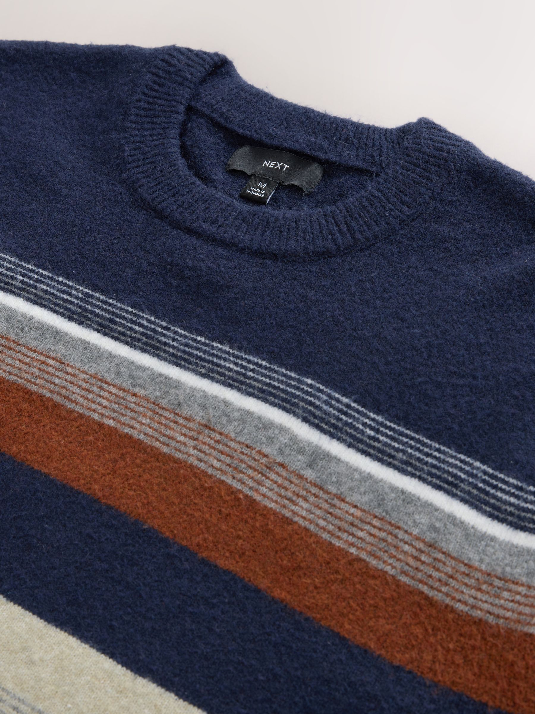 Donkerblauw - Regular Fit Cosy Stripe Crew Jumper with Wool