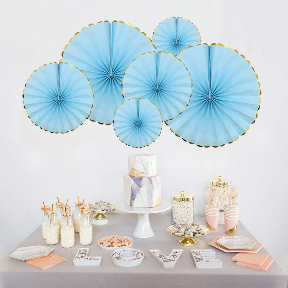(6er Set) Papier Fächer Deko Rosetten Party / Geburtstag / Baby Shower - Blau / Gold