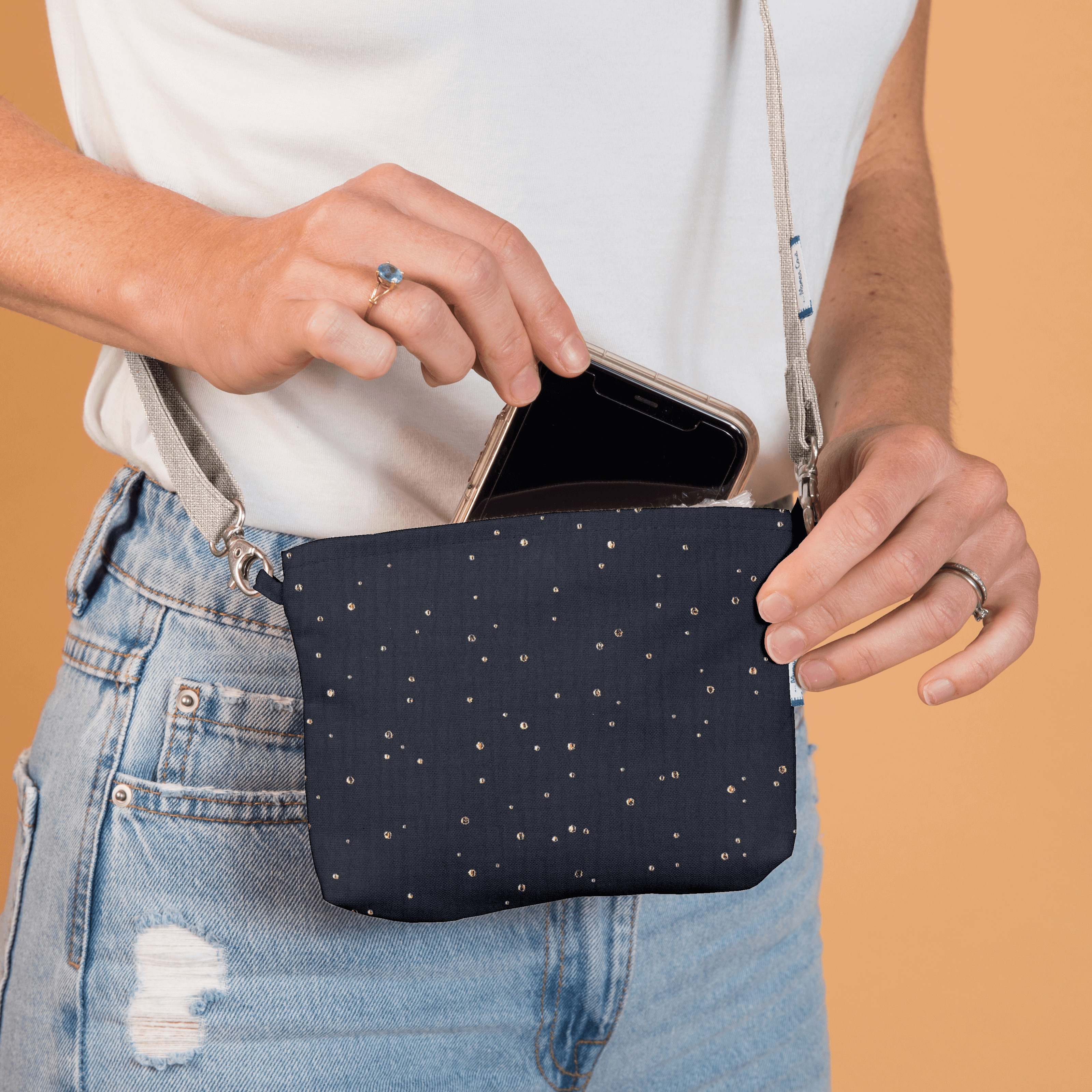 Mini Pochette Tissu Gaze Pois Or Marine