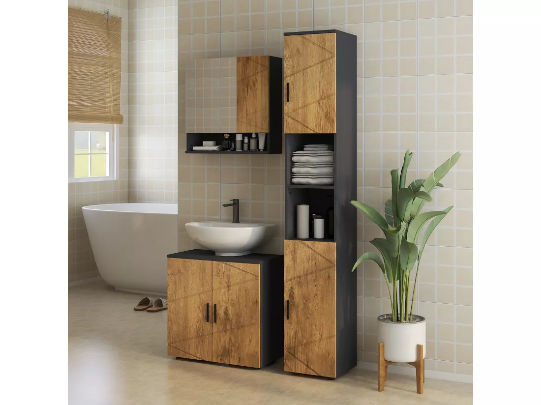 Meuble sous-vasque - 2 portes, étagère - dim. 60L x 30l x 60H cm - anthracite aspect bois