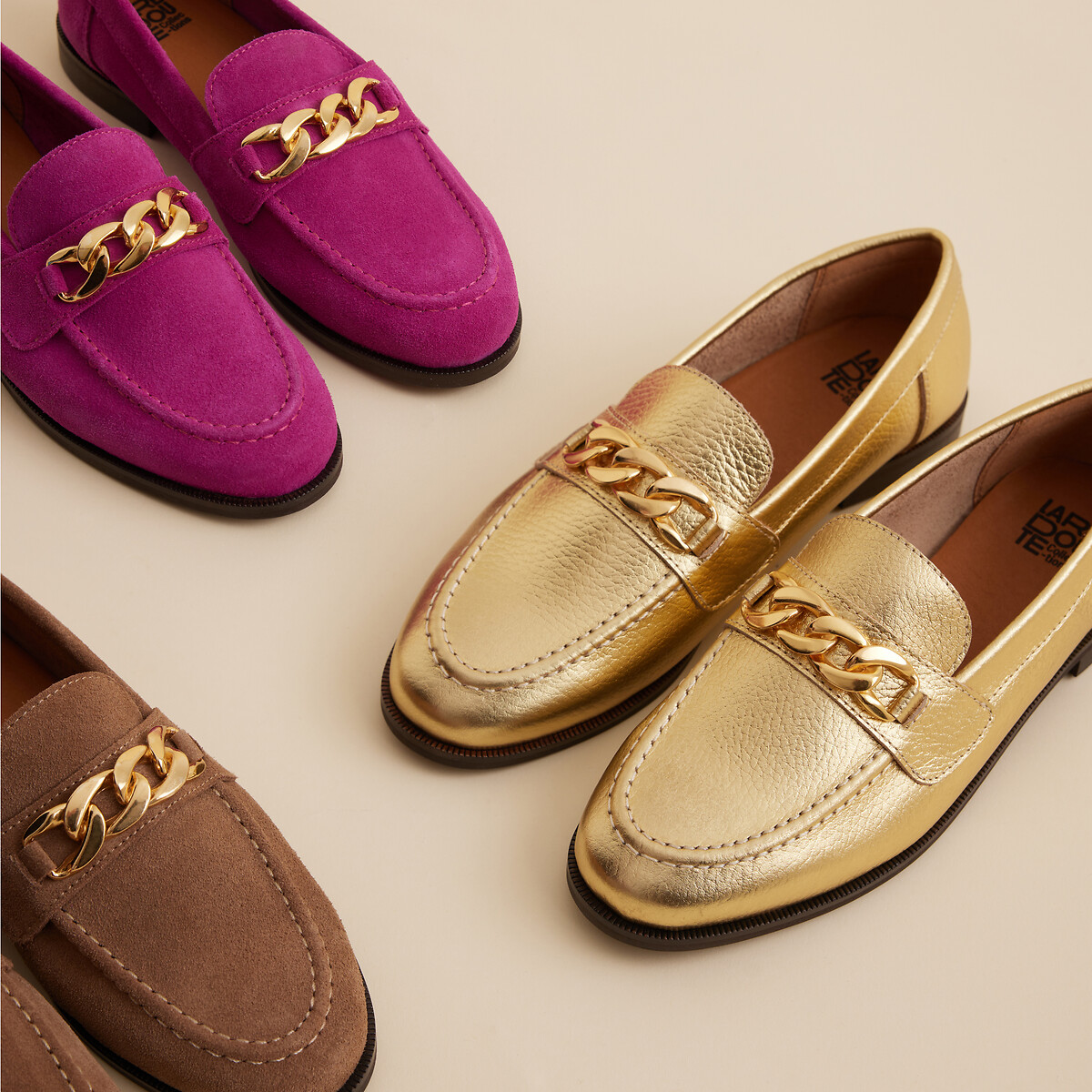 COLEÇÕES LA REDOUTE<br>Mocassins de couro metalizado com corrente
