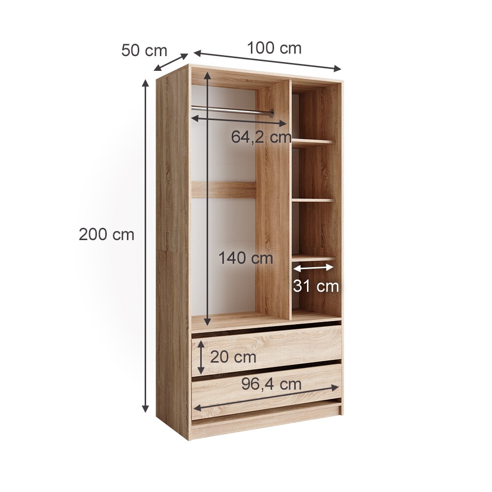 Vicco Kleiderschrank Elmo Eiche 100 x 200 cm mit 2 Schubladen