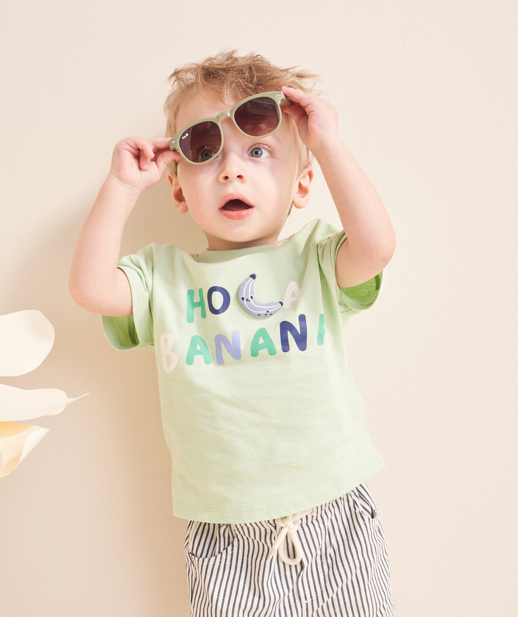 t-shirt bébé garçon en coton bio vert avec message et banane en relief