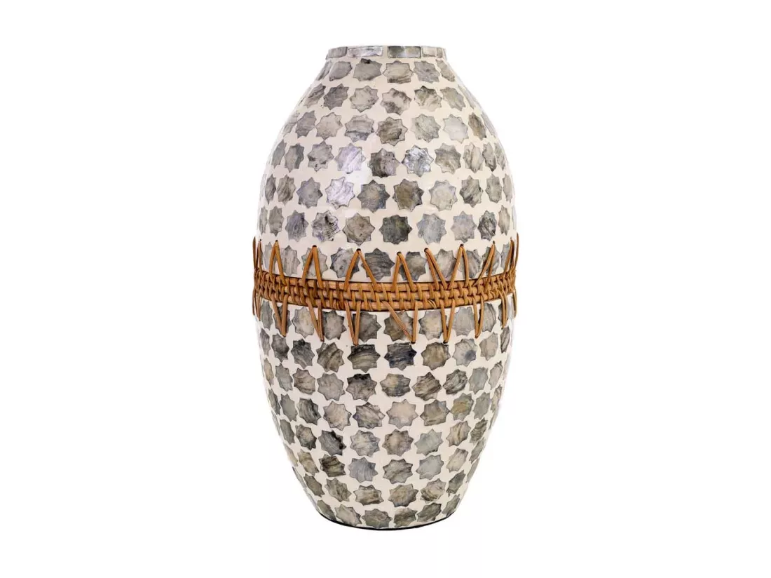 Vase en bois, capiz et rotin gris D25x59h cm