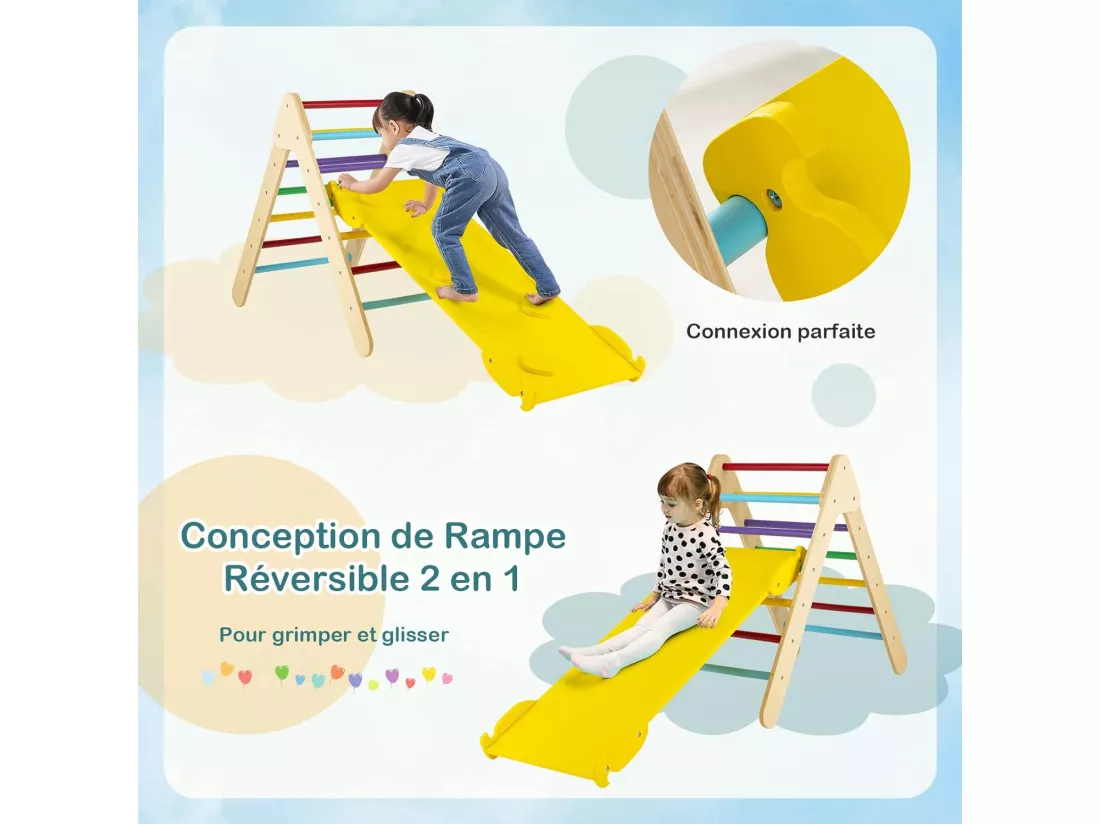 3 en 1 Triangle d'escalade Enfant avec Rampe Double Face, Toboggan en Bois avec Inclinaison Réglable, Cadre de Jeu pour la Maison,la Garderie, 1 an+ (avec Rampe, Multicolore)
