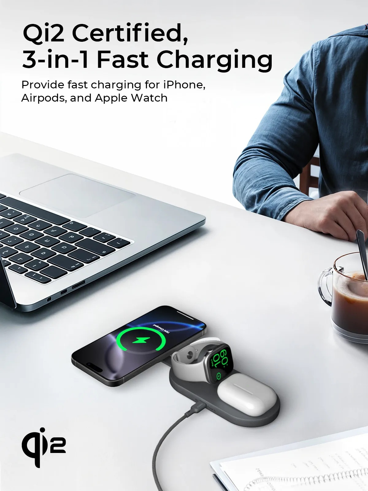(15W) MagFusion C 3in1 MagSafe Qi2 Wireless Charger Faltbare Ladestation für iPhone / Apple Watch / Airpods (LC-MC313) - Grau / Schwarz
