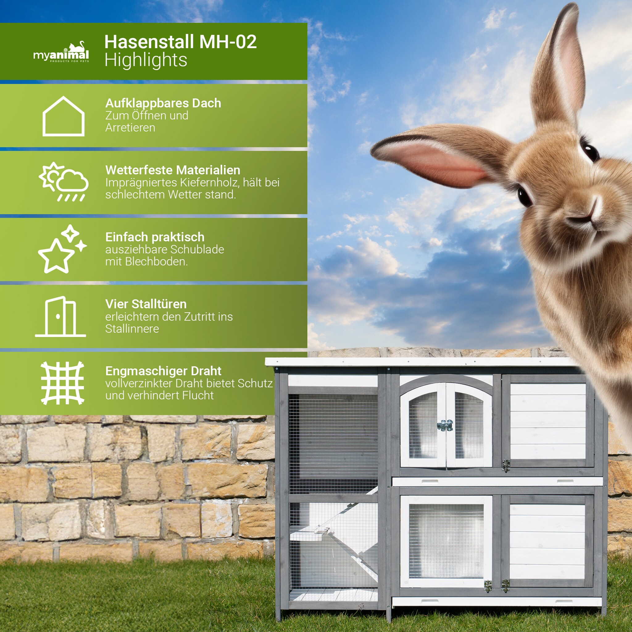 MyAnimal Hasenstall zweistöckig MH-02, Doppelstockkäfig, Kiefernholz, einfache Reinigung, wetterfest (Grau/Weiß)