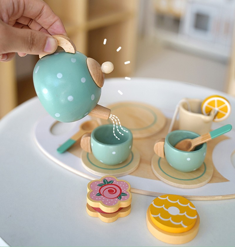 (14-tlg. Set) Holz Teeservice Kinder Spielzeug Küchen Zubehör Tea Time Spielset inkl. Teekanne / Tassen - Blau
