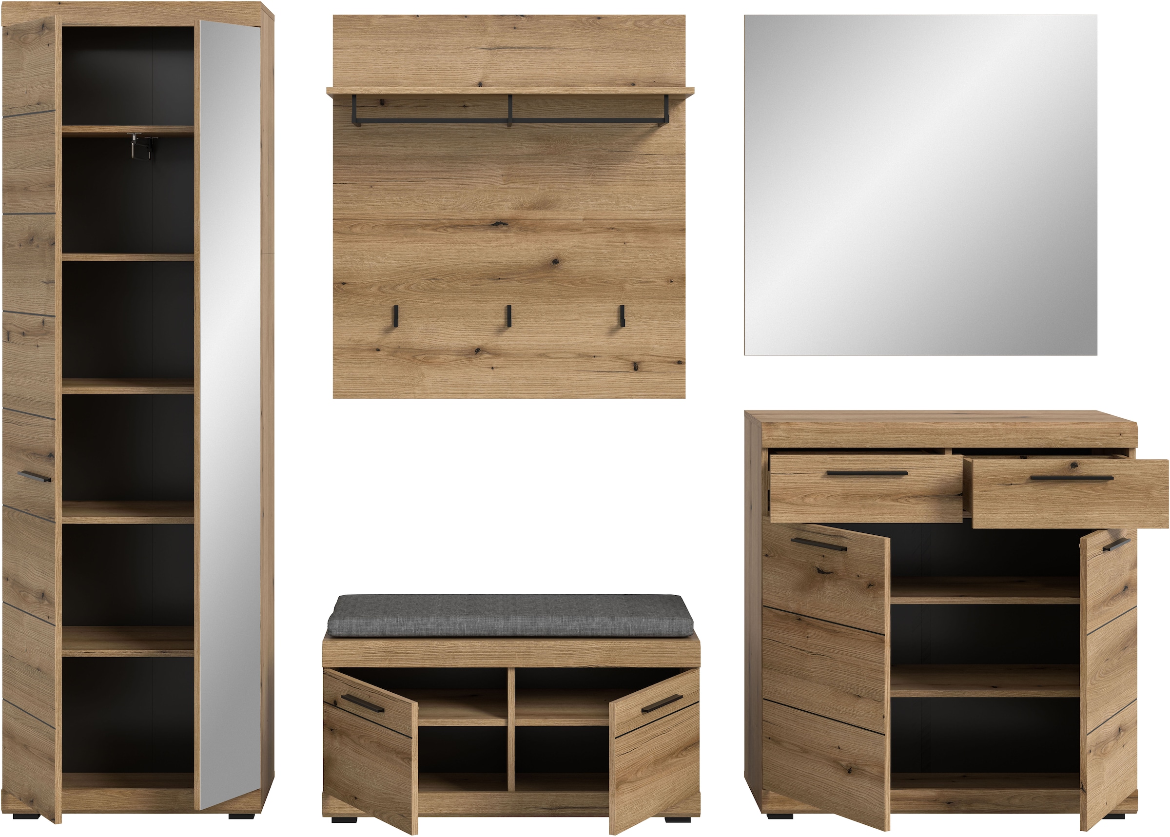 INOSIGN Garderoben-Set »SIENA, Breite 272 cm, 6-tlg., individuell stellbar, inkl. Sitzkissen« Komplett-Set, Garderobenschrank, Sitzbank, Sitzkissen, Paneel,Schuhschrank & Spiegel, 5 Stk. tlg.
