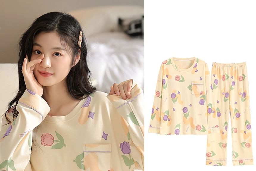 Jeony - Pyjamaset: T-shirt met lange mouwen, ronde hals en bloemenprint, gewatteerd + broek