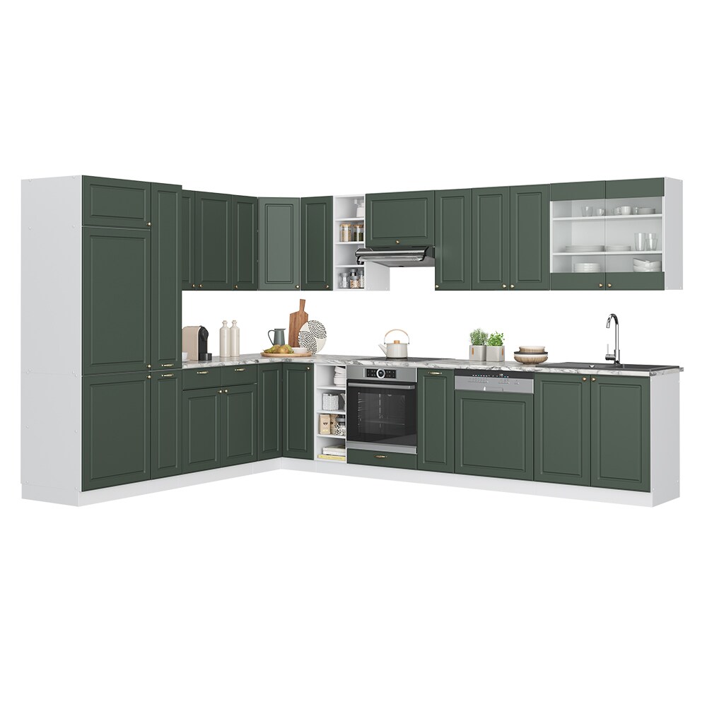 Vicco Eckküche Küchenzeile Einbauküche Fame-Line Landhaus Weiß Grün Gold 257x347 Spülenunterschrank Unterschrank Herdumbauschrank Hängeschrank Kühlumbauschrank Apothekerhochschrank Blende
