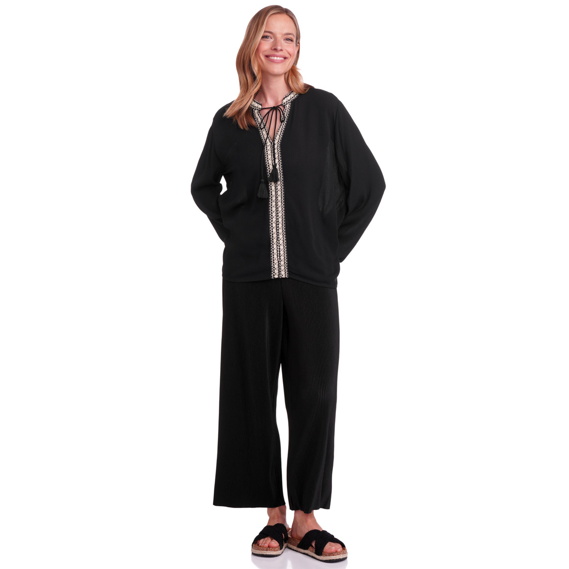 Gina Benotti Damen Bluse in gekreppter Optik schwarz