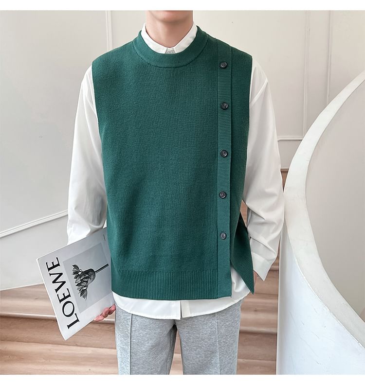 Cowpow - Effen vest met ronde hals en knoopjes en split