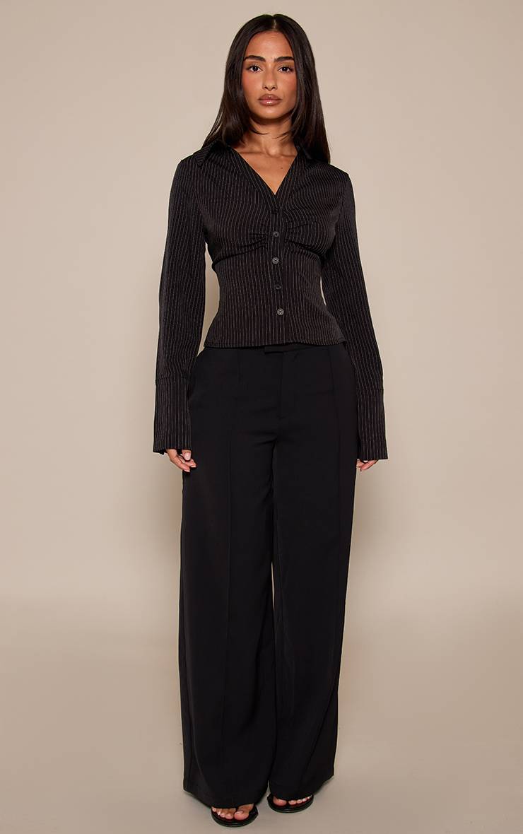 Noir Chemise Petite À Rayures Fines Avec Fronces Sur Le Buste Et Boutonnage