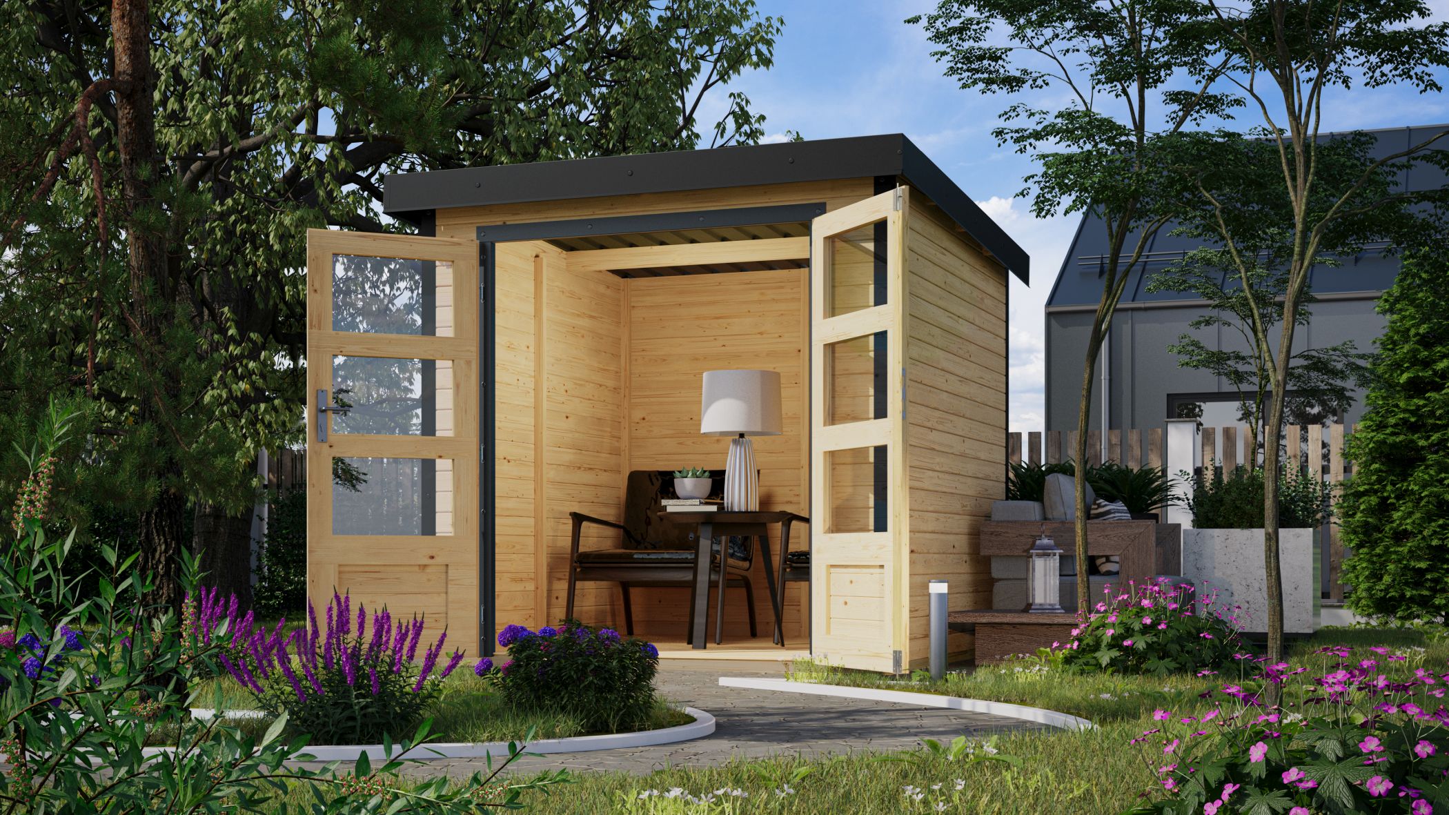 Karibu Hybrid Gartenhaus Hollywood naturbelassen inkl. Fußboden Gartenlaube Geräteschuppen Gartenhütte