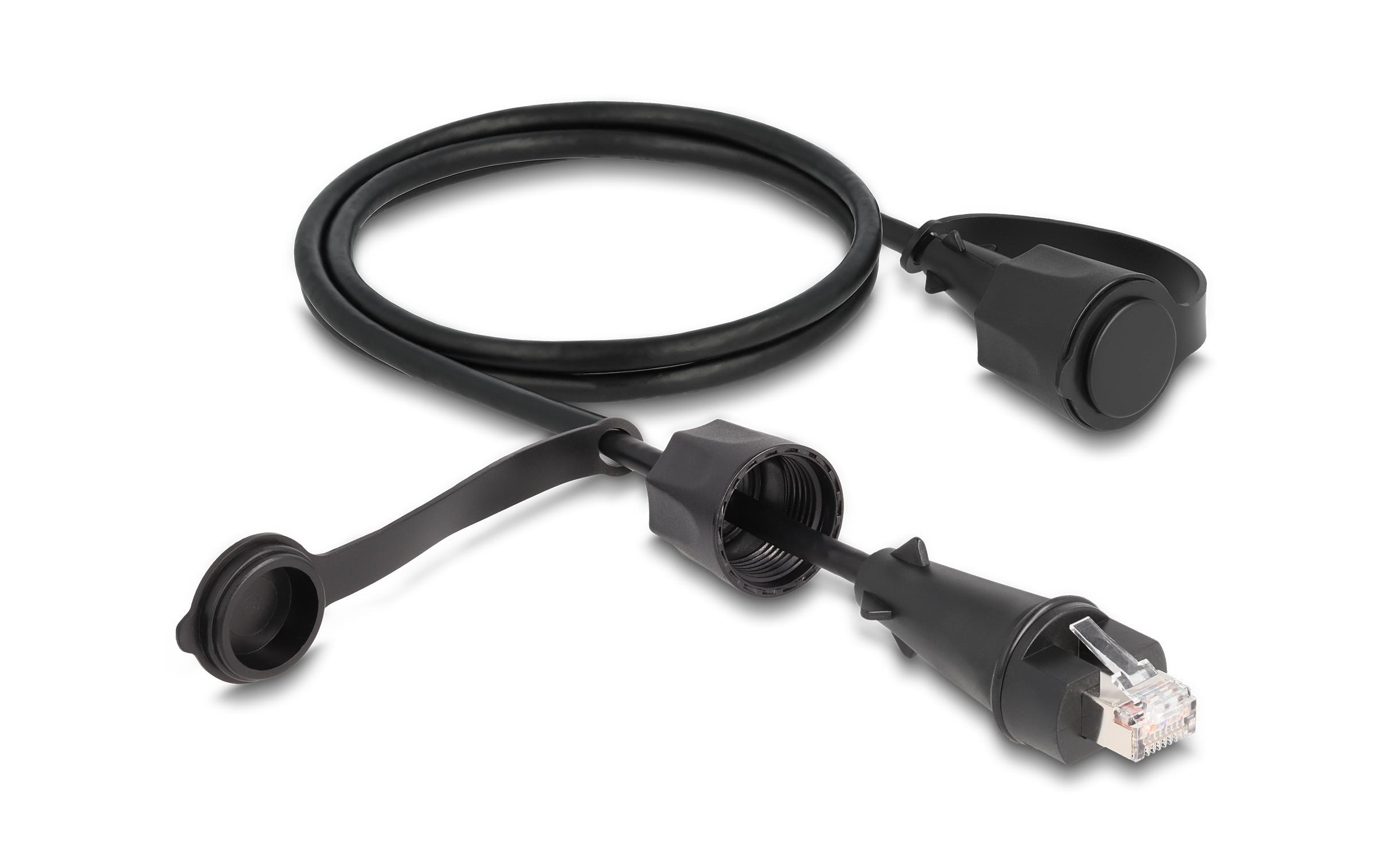 Patchkabel mit Verschlusskappe Cat 6, STP, 1 m, SchwarzDelock Netzwerkkabel RJ45 Stecker zu RJ45 Stecker Cat.6 STP mit Verschlusskappe Outdoor IP68 staub- und wasserdicht schwarz 1 m