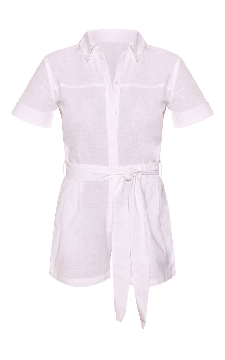 Blanc Combi-short Cargo Aspect Lin Avec Ceinture À Nouer