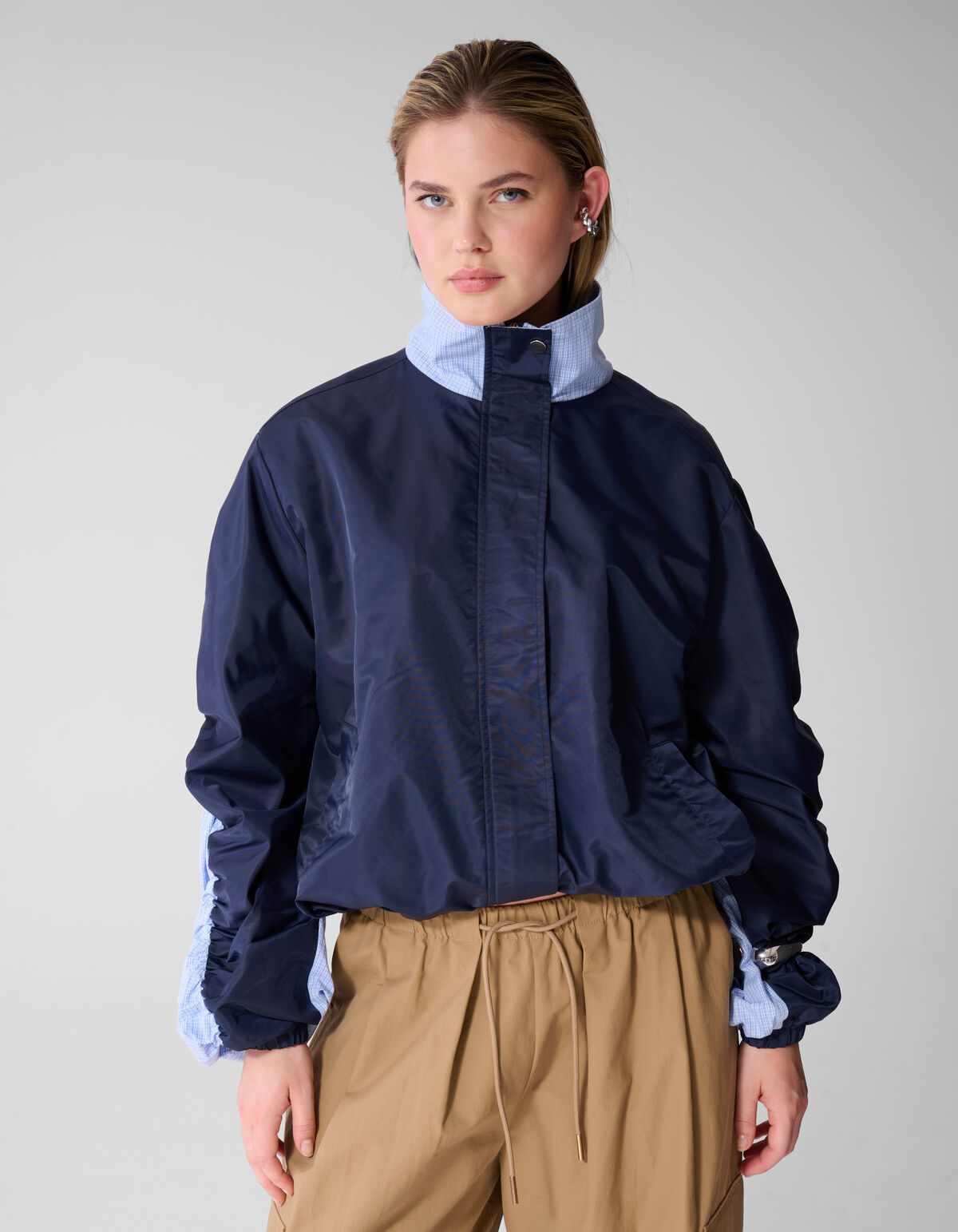 Check Satin Bomber Blauw