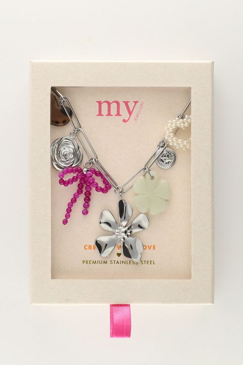 Bedel ketting met schakel en multikleur bloemen bedels