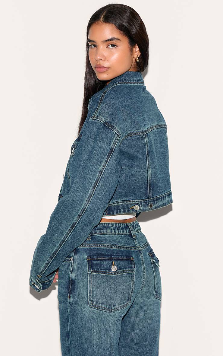 Dark Blue Wash Veste En Jean Courte Avec Détails De Poches Pour Grandes Tailles