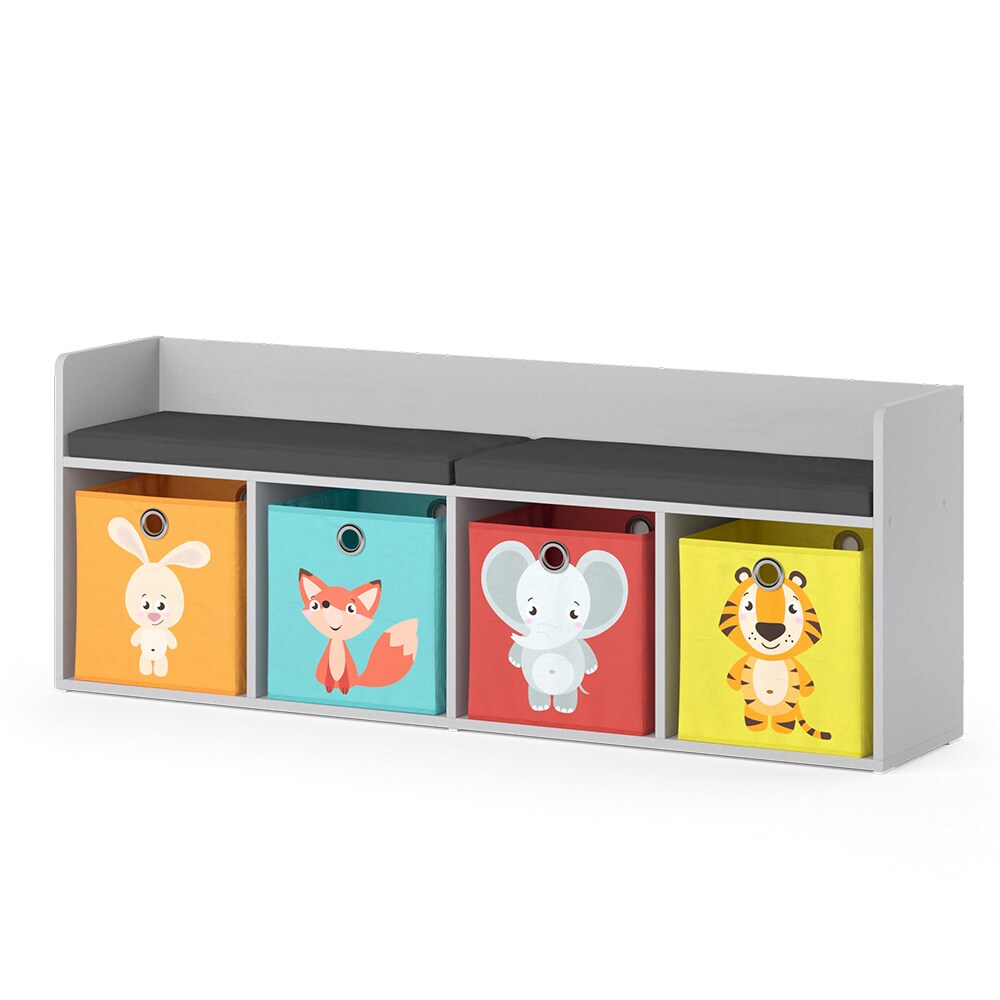 Vicco Sitzbank Kinderzimmerbank Kinderregal Luigi Hellgrau 142x53 cm modern Faltbox Kinderzimmer Regal Aufbewahrungsregal Bücherregal Lesebank Spielzeugaufbewahrung Organizer Regal-Bank-Kombi 4 Fächer