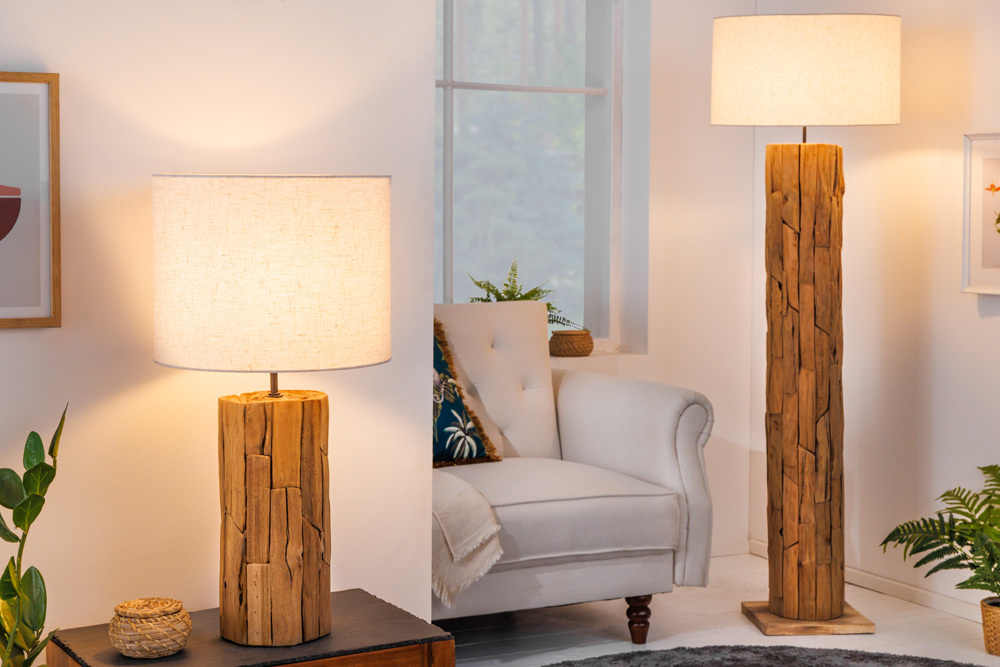 Design Tischlampe ROOTS 60cm Treibholz Leinenschirm beige handmade