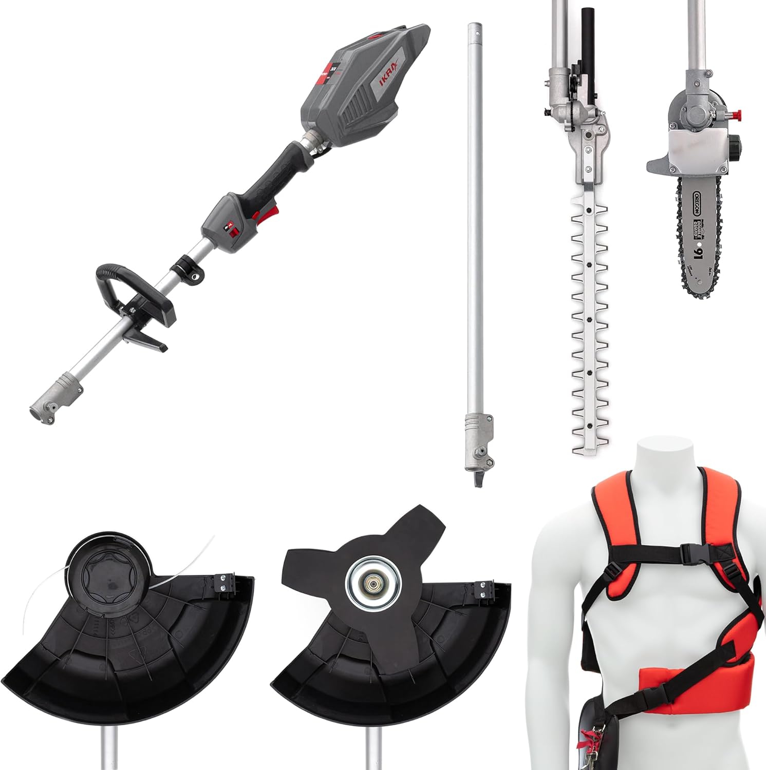 IKRA 36V Akku Multitool IB-MT 36, 4in1: Freischneider, Rasentrimmer, Heckenschere & Hochentaster, umfangreiches Zubehör inkl., kompatibel mit Bosch