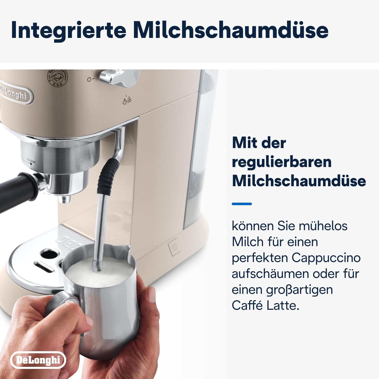De'Longhi Dedica Arte EC 885.BG, Espresso Siebträgermaschine, Espressomaschine mit MyLatteArt Milchschaumdüse, kompaktes Design, 15 cm breit, 1 Liter Wassertank, E.S.E Pads geeignet, Beige