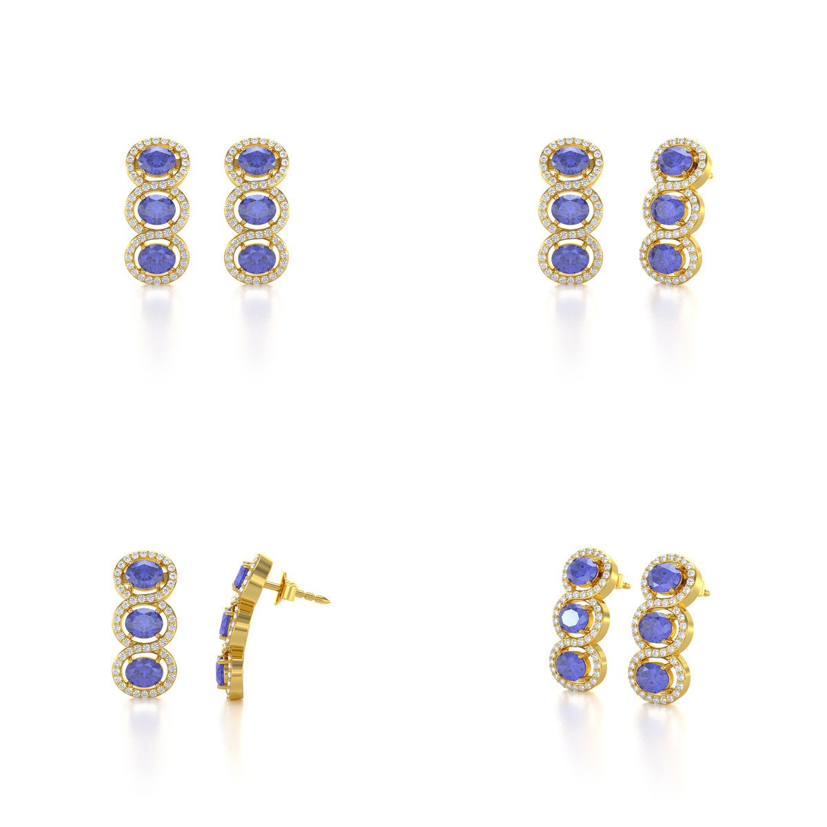 Boucles d'oreilles ADEN Or 585 Jaune Fleur Tanzanite et Diamants 4.55grs