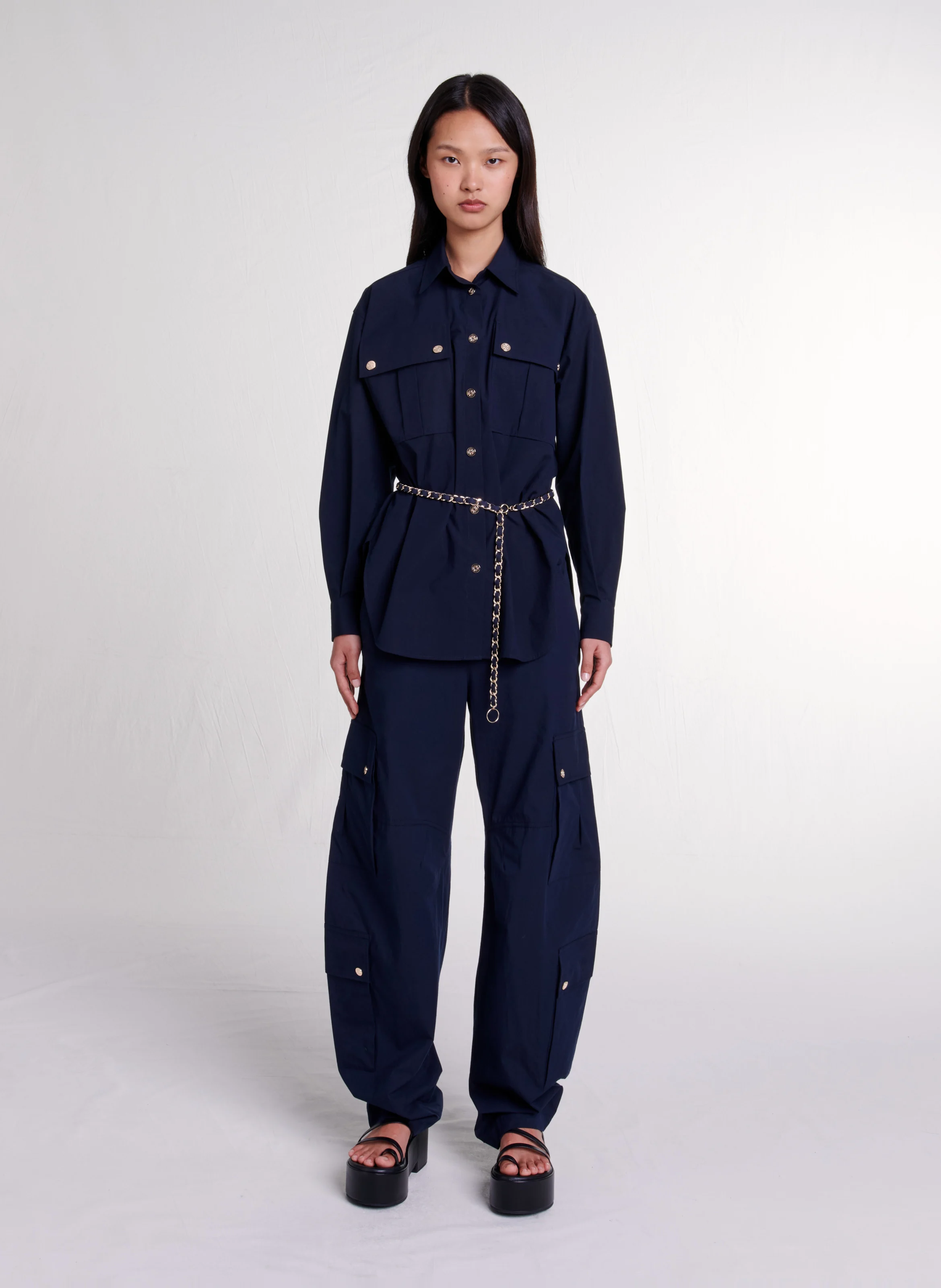 Chemise oversize col classique en coton mélangé | Bleu