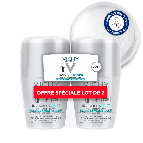 Desodorante antitranspirante Vichy Invisible Protect 72H, antimanchas e anti-irritação, pacote com 2 unidades de 50ml