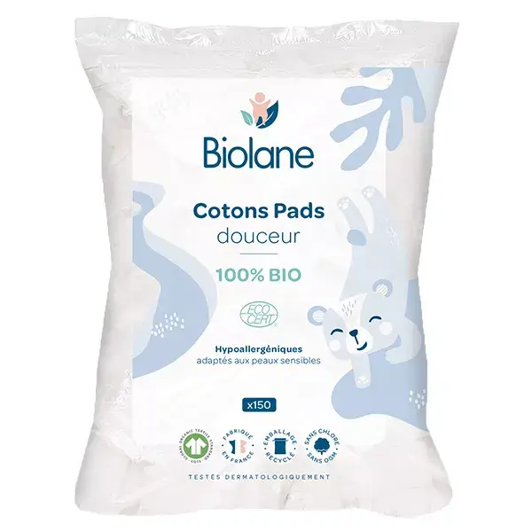 Biolane Cotons pads douceur Bébé 100% Bio Peaux sensibles 150 Cotons